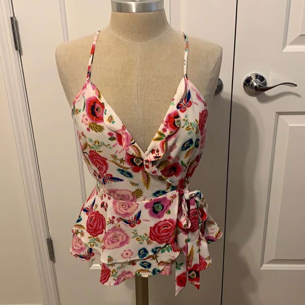 Monteau White Floral Wrap Peplum Tank Top